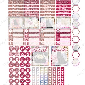 Peut inclure: Un ensemble d'autocollants de planificateur roses et blancs avec des accents de paillettes. Les autocollants comprennent diverses ic&ocirc;nes, telles que des c&oelig;urs, des empreintes de pattes, un t&eacute;l&eacute;phone, une poubelle et une voiture. Les autocollants comprennent &eacute;galement des cases &agrave; texte avec les mots "&agrave; faire", "petites choses", "aujourd'hui", "report&eacute;", "rendez-vous", "annul&eacute;", "&agrave; acheter", "&agrave; nettoyer", "important", "objectif" et "citation".