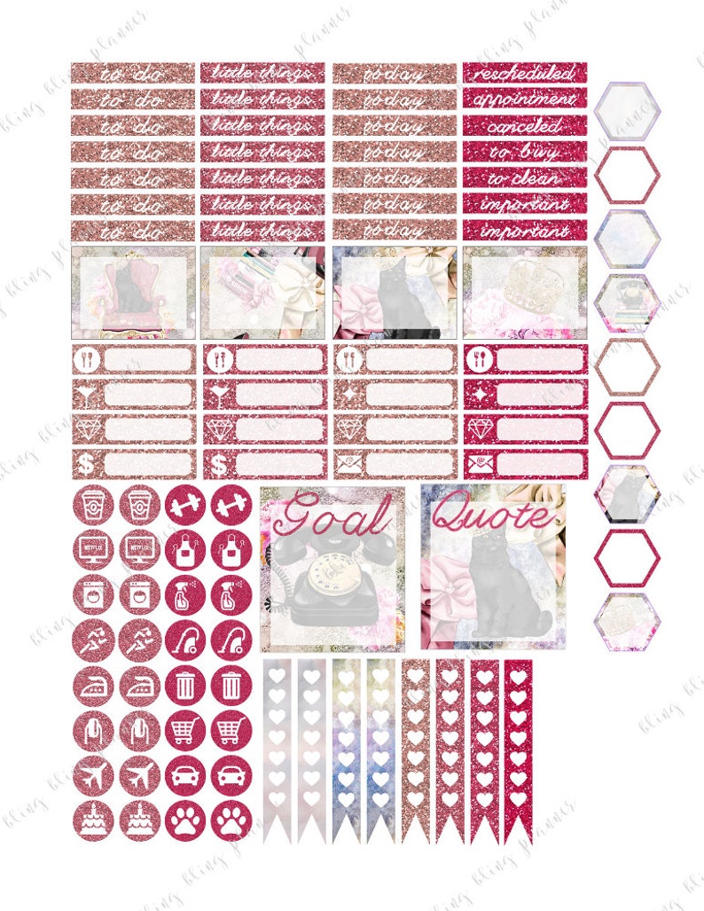 Peut inclure: Un ensemble d'autocollants de planificateur roses et blancs avec des accents de paillettes. Les autocollants comprennent diverses ic&ocirc;nes, telles que des c&oelig;urs, des empreintes de pattes, un t&eacute;l&eacute;phone, une poubelle et une voiture. Les autocollants comprennent &eacute;galement des cases &agrave; texte avec les mots "&agrave; faire", "petites choses", "aujourd'hui", "report&eacute;", "rendez-vous", "annul&eacute;", "&agrave; acheter", "&agrave; nettoyer", "important", "objectif" et "citation".