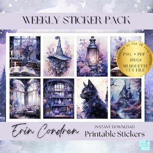 Witchy PLANNER STICKERS Printable Erin Condren Vertical Planner Spooky Stickers Circut PNG Silhouette files Moon weekly sticker sheet spooky