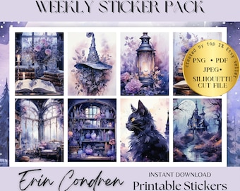 Witchy PLANNER STICKERS Printable Erin Condren Vertical Planner Spooky Stickers Circut PNG Silhouette files Moon weekly sticker sheet spooky