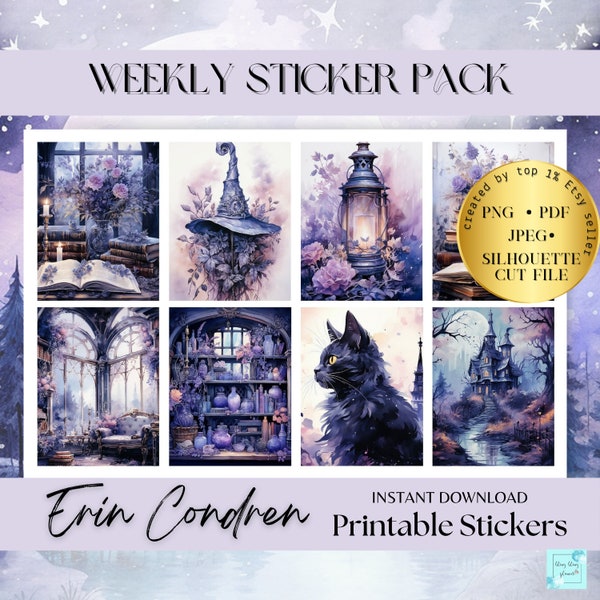 Witchy PLANNER STICKERS Printable Erin Condren Vertical Planner Spooky Stickers Circut PNG Silhouette files Moon weekly sticker sheet spooky