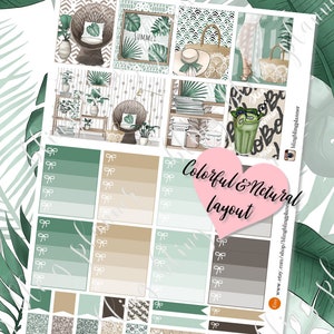 May include: A set of printable planner stickers with a tropical theme. The stickers feature a variety of designs, including plants, a chair, a hat, a smoothie, and a woman in a dress. The stickers are in shades of green, brown, and white. The text "Colorful & Natural Layout" is written in a pink heart.