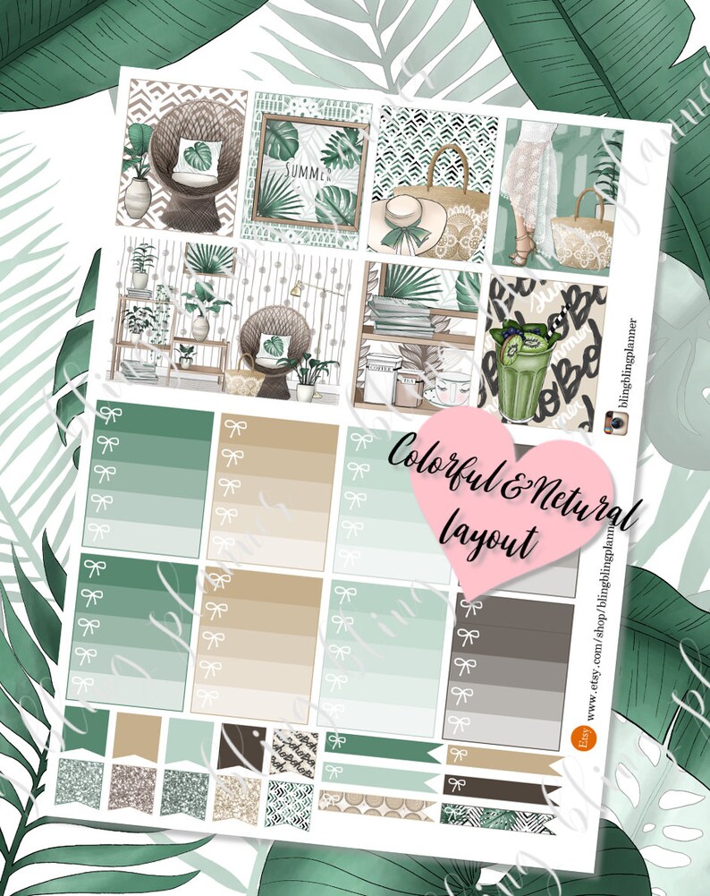 May include: A set of printable planner stickers with a tropical theme. The stickers feature a variety of designs, including plants, a chair, a hat, a smoothie, and a woman in a dress. The stickers are in shades of green, brown, and white. The text "Colorful & Natural Layout" is written in a pink heart.