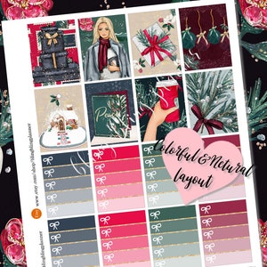 May include: A set of Christmas-themed planner stickers featuring a variety of images, including a woman in a winter coat, a gingerbread house, a gift box, a coffee cup, and a Christmas tree. The stickers are arranged in a grid pattern and have a colorful and natural layout. The text "Colorful & Natural Layout" is written in a heart shape.