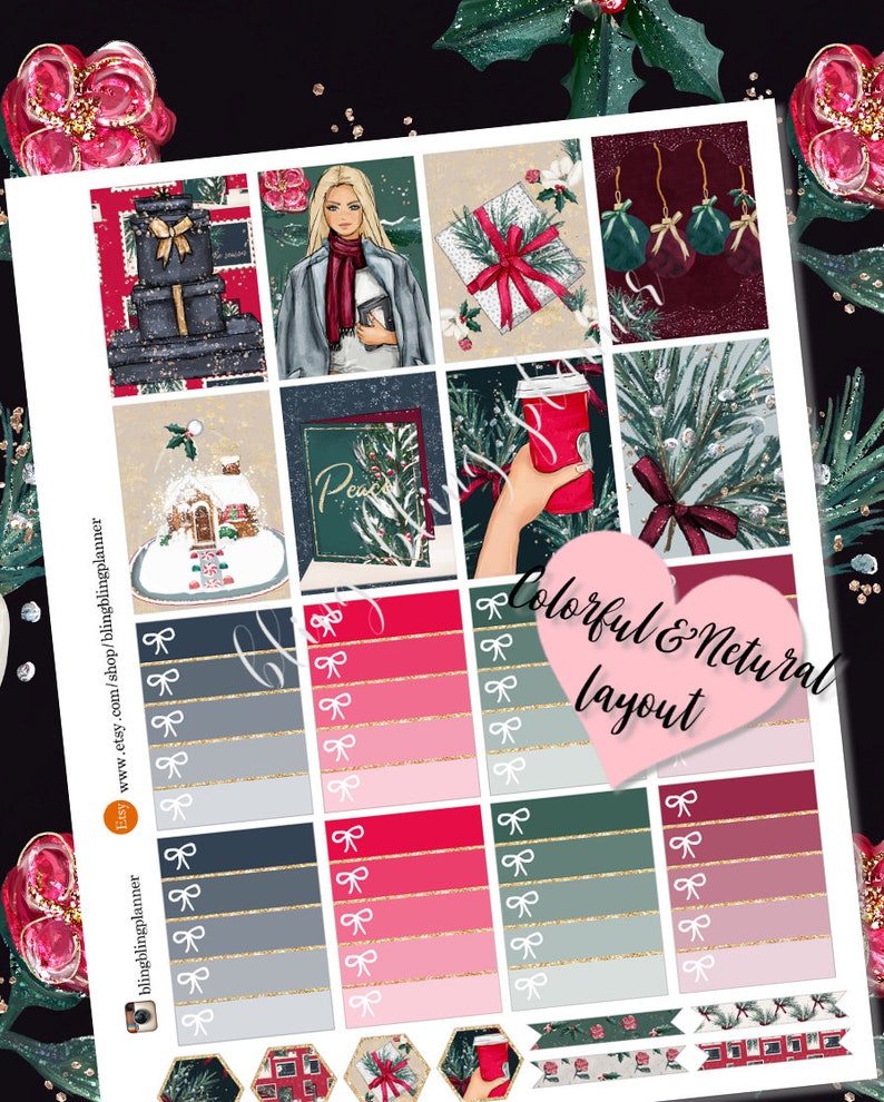 May include: A set of Christmas-themed planner stickers featuring a variety of images, including a woman in a winter coat, a gingerbread house, a gift box, a coffee cup, and a Christmas tree. The stickers are arranged in a grid pattern and have a colorful and natural layout. The text "Colorful & Natural Layout" is written in a heart shape.