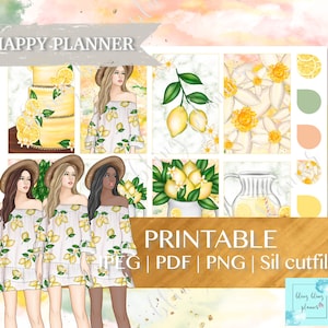 Puede incluir: Pegatinas imprimibles para planificador con tem&aacute;tica de lim&oacute;n. Las pegatinas incluyen un pastel de lim&oacute;n, una mujer con un vestido de estampado de lim&oacute;n, una jarra de limonada, limones en un jarr&oacute;n y un patr&oacute;n de flores de lim&oacute;n. El texto "HAPPY PLANNER" y "PRINTABLE JPEG | PDF | PNG | Sil cutfile" est&aacute; incluido en la imagen.