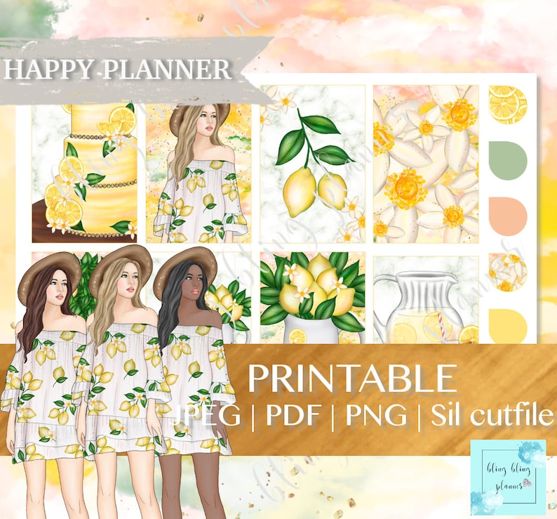 Puede incluir: Pegatinas imprimibles para planificador con tem&aacute;tica de lim&oacute;n. Las pegatinas incluyen un pastel de lim&oacute;n, una mujer con un vestido de estampado de lim&oacute;n, una jarra de limonada, limones en un jarr&oacute;n y un patr&oacute;n de flores de lim&oacute;n. El texto "HAPPY PLANNER" y "PRINTABLE JPEG | PDF | PNG | Sil cutfile" est&aacute; incluido en la imagen.