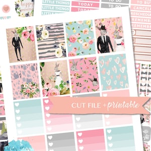 Peut inclure: Un ensemble d'autocollants de planificateur imprimables présentant une variété de motifs, notamment des motifs floraux, des lapins et des cœurs. Les autocollants sont dans des tons de rose, bleu et gris. Le texte "CUT FILE + printable" est inclus sur la feuille d'autocollants.