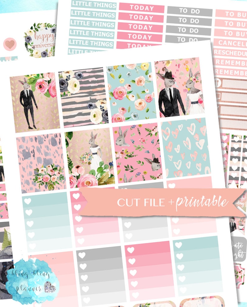 May include: A set of printable planner stickers featuring a variety of designs, including floral patterns, bunnies, and hearts. The stickers are in shades of pink, blue, and gray. The text "CUT FILE + printable" is included on the sticker sheet.