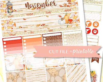 May include: November planner stickers with a fall theme. The stickers feature pumpkins, leaves, and a lantern. The stickers are in shades of orange, brown, and gold. The text "November" is written in brown cursive font. The text "CUT FILE + printable" is written in pink font. The text "Day" is written in black font. The text "thanksgiving day" is written in brown cursive font.