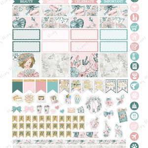 Puede incluir: Un conjunto de pegatinas para planificador con un tema floral. Las pegatinas incluyen una variedad de dise&ntilde;os, como flores, lazos y animales. Tambi&eacute;n hay pegatinas con texto, como "Due Today" y "Pay Day". Las pegatinas son en tonos de rosa, verde y dorado.