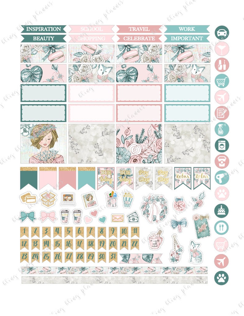 Puede incluir: Un conjunto de pegatinas para planificador con un tema floral. Las pegatinas incluyen una variedad de dise&ntilde;os, como flores, lazos y animales. Tambi&eacute;n hay pegatinas con texto, como "Due Today" y "Pay Day". Las pegatinas son en tonos de rosa, verde y dorado.