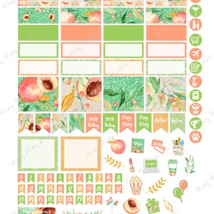 Puede incluir: Pegatinas para planificador con tem&aacute;tica de melocot&oacute;n con un calendario, casillas y varios iconos. Las pegatinas est&aacute;n sobre un fondo blanco con detalles de purpurina dorada.