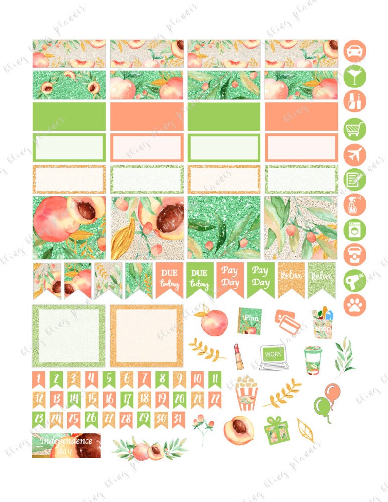 Puede incluir: Pegatinas para planificador con tem&aacute;tica de melocot&oacute;n con un calendario, casillas y varios iconos. Las pegatinas est&aacute;n sobre un fondo blanco con detalles de purpurina dorada.