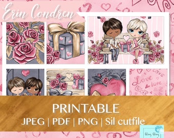 May include: Printable Valentine's Day planner stickers featuring a couple on a bench, roses, hearts, and gift boxes. The stickers are designed by Erin Condren and are available in JPEG, PDF, PNG, and Sil cutfile formats.