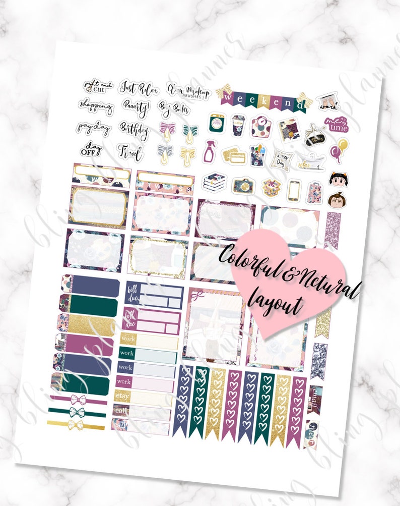 May include: A set of colorful planner stickers with floral patterns, gold accents, and various text labels, including "Just Relax", "Weekend", "Bill Due", "Work", and "Etsy".