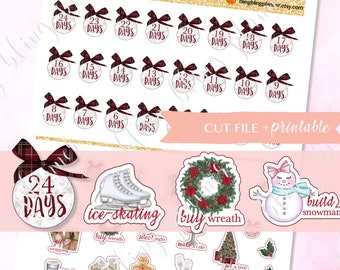 May include: A set of printable Christmas countdown stickers featuring a white background with red and black plaid bows. The stickers include a countdown from 24 days to 5 days, as well as a variety of Christmas-themed illustrations, including ice skating, a holly wreath, a snowman, and a Christmas tree. The text "bling bling planner" is also included on the stickers.