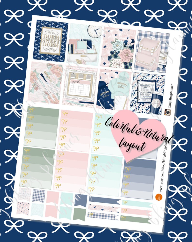May include: A set of 12 printable planner stickers featuring a dorm room theme. The stickers are in a variety of colors, including pink, blue, and green. The stickers feature images of books, pens, a calendar, a backpack, and a coffee cup. The stickers also include the text "Dorm Sweet Dorm".