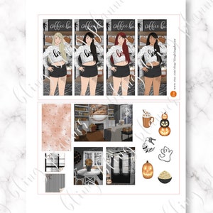 May include: A set of printable Halloween planner stickers featuring a cozy living room with a fireplace, a dining room, a coffee shop with three women wearing "Boo" sweaters, and various Halloween-themed elements like pumpkins, a ghost, and a snowman.