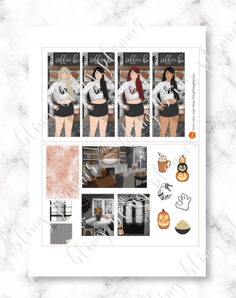 May include: A set of printable Halloween planner stickers featuring a cozy living room with a fireplace, a dining room, a coffee shop with three women wearing "Boo" sweaters, and various Halloween-themed elements like pumpkins, a ghost, and a snowman.