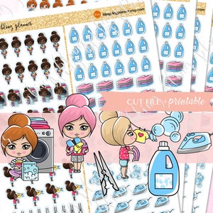 PRINTABLE PLANNER ICON Sticker, Printable laundry sticker, washing clothes doll, iron planner sticker, cleaning printable sticker, goodnotes