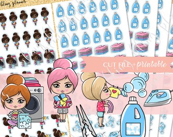 PRINTABLE PLANNER ICON Sticker, Printable laundry sticker, washing clothes doll, iron planner sticker, cleaning printable sticker, goodnotes