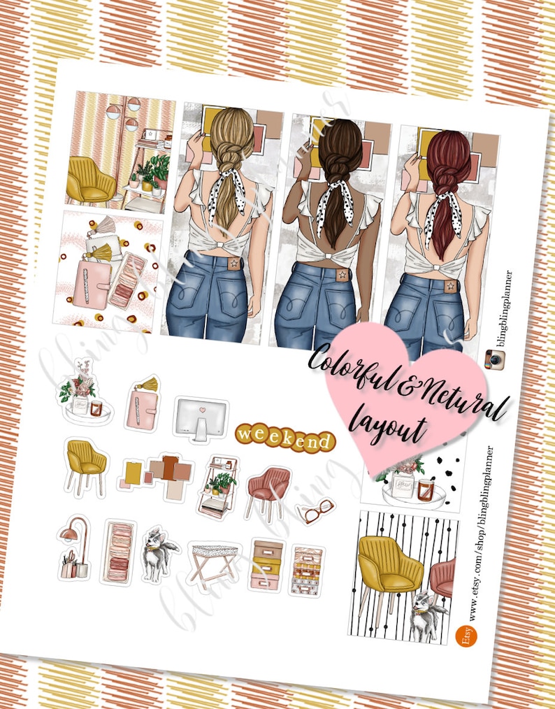 Op de afbeelding: Een set digitale planner stickers met een verscheidenheid aan kleurrijke en neutrale illustraties, waaronder vrouwen in jeans en witte shirts, stoelen, planten en een computer. De stickers zijn ontworpen voor gebruik in digitale planners en bevatten de tekst "weekend" en "Colorful & Neutral Layout".