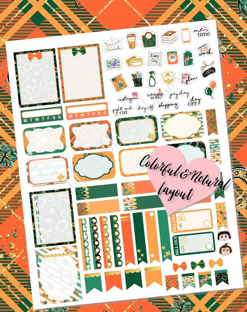 May include: A set of printable planner stickers with a green, orange, and gold color scheme. The stickers feature various designs, including shamrocks, bows, and text like "me time", "lazy day", and "payday".