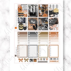 May include: A set of Halloween themed planner stickers with images of a haunted house, a witch's cauldron, a ghost, a pumpkin, a spooky movie, and a Ouija board. The stickers are in shades of brown, orange, black, and white.