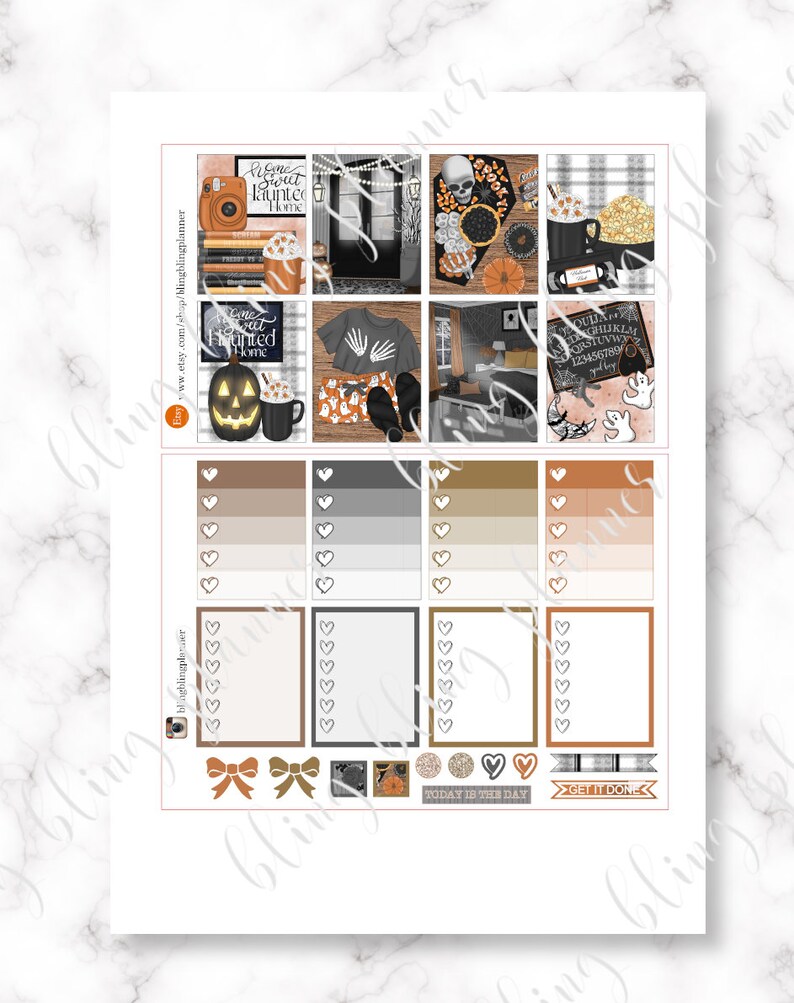 May include: A set of Halloween themed planner stickers with images of a haunted house, a witch's cauldron, a ghost, a pumpkin, a spooky movie, and a Ouija board. The stickers are in shades of brown, orange, black, and white.