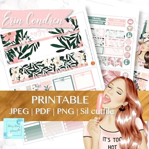 May include: Printable planner stickers with a tropical theme. The stickers feature pink, green, and white colors with floral and leaf designs. The stickers include text such as "Travel", "Celebrate", "Work", "Important", and "It's Too Hot".