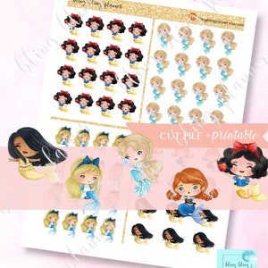 Puede incluir: Pegatinas digitales imprimibles con varias princesas Disney como sirenas. Las pegatinas incluyen Blancanieves, Ariel, Cenicienta y Elsa. Las pegatinas son de estilo de dibujos animados y son perfectas para agregar un toque de magia a tu planificador o diario.