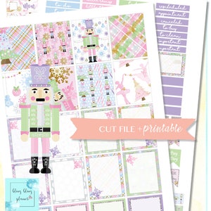 May include: A printable sheet of Christmas-themed planner stickers featuring a nutcracker, snowflakes, and plaid patterns. The stickers are designed to be cut out and used in a planner or journal.