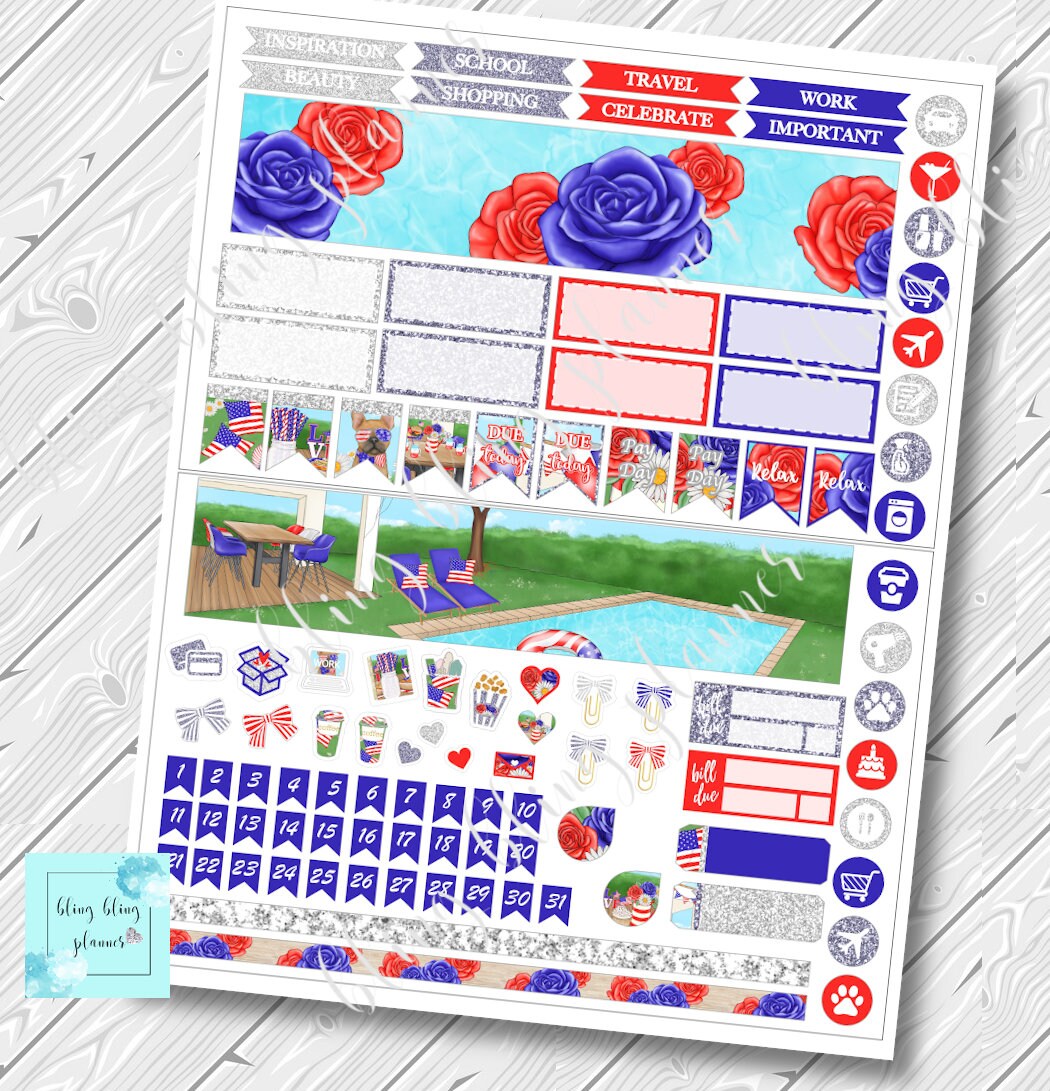 Erin Condren JULY MONTHLY KIT Printable, 4th of July Planner Stickers ...