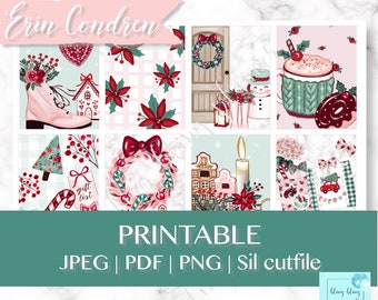 May include: Printable Christmas planner stickers with a pink and green color scheme. The stickers feature images of a gingerbread house, a wreath, a boot, a mug of hot chocolate, and a snowman.