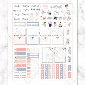 May include: A set of planner stickers with a pink, blue, and beige color scheme. The stickers feature various phrases like "church", "birthday", "work from home", "chill off", "pay day", "bible study", "party", "shopping", "day off", "travel", "lazy day", "weekend", "me time", and "email".
