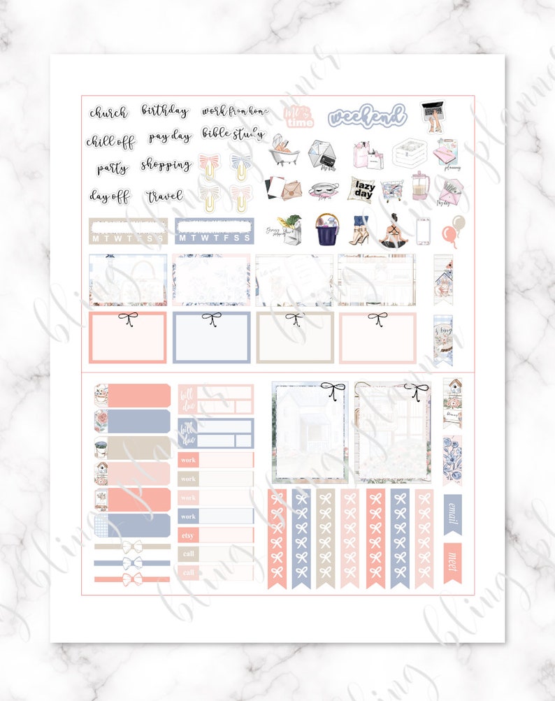 May include: A set of planner stickers with a pink, blue, and beige color scheme. The stickers feature various phrases like "church", "birthday", "work from home", "chill off", "pay day", "bible study", "party", "shopping", "day off", "travel", "lazy day", "weekend", "me time", and "email".