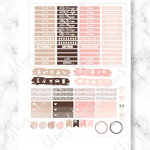 May include: A set of printable planner stickers in pink, brown, and white. The stickers include various shapes, such as hearts, circles, and banners. The stickers also include text such as "to do", "little things", "today", "me time", "top priority", and "important".