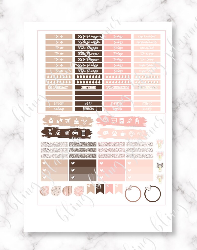 May include: A set of printable planner stickers in pink, brown, and white. The stickers include various shapes, such as hearts, circles, and banners. The stickers also include text such as "to do", "little things", "today", "me time", "top priority", and "important".