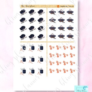 May include: A sheet of planner stickers with various designs. The stickers feature images of dumbbells, yoga mats, and gym bags. The text "work out" and "focus" are featured on some of the stickers.