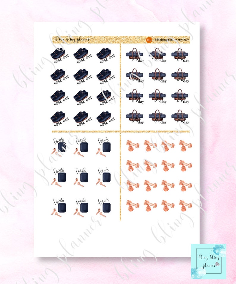 May include: A sheet of planner stickers with various designs. The stickers feature images of dumbbells, yoga mats, and gym bags. The text "work out" and "focus" are featured on some of the stickers.