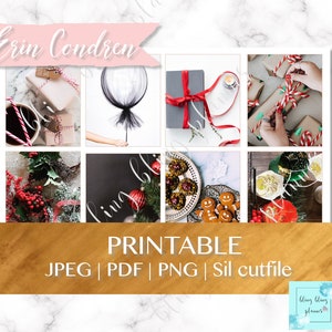 May include: Printable Christmas themed digital planner stickers featuring images of wrapped gifts, a red and white candy cane, a gingerbread man, a Christmas tree, and a black and white balloon with a bow.