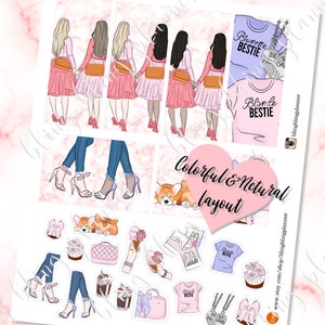 May include: A set of digital planner stickers featuring four women walking together, a corgi dog, cupcakes, ice cream cones, a purse, a coffee cup, and a variety of other cute illustrations. The stickers are designed in a pink and white color scheme with a marble background. The text "Colorful & Netural layout" is included in the image.
