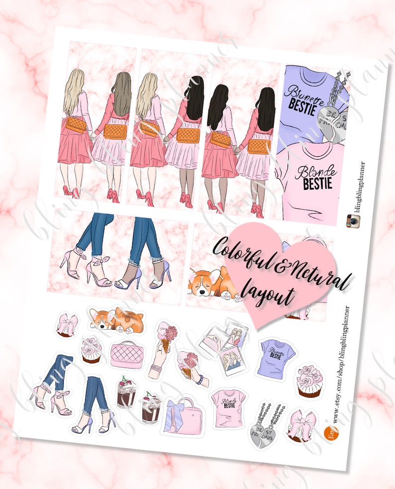 May include: A set of digital planner stickers featuring four women walking together, a corgi dog, cupcakes, ice cream cones, a purse, a coffee cup, and a variety of other cute illustrations. The stickers are designed in a pink and white color scheme with a marble background. The text "Colorful & Netural layout" is included in the image.