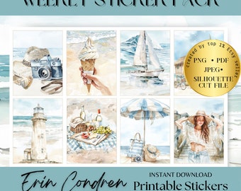 AFDRUKBARE PLANNERSTICKERS, strandafdrukbare plannerstickers, zomerplannerstickerset, ec plannerstickers afdrukbaar strandstickerpakket