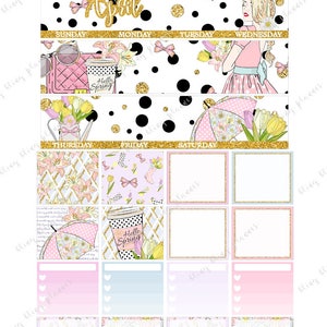 APRIL MONTHLY VIEW, April Monthly Kit, Easter Printable Stickers, Spring girl Printable, Monthly planner stickers, for Erin Condren, floral image 2