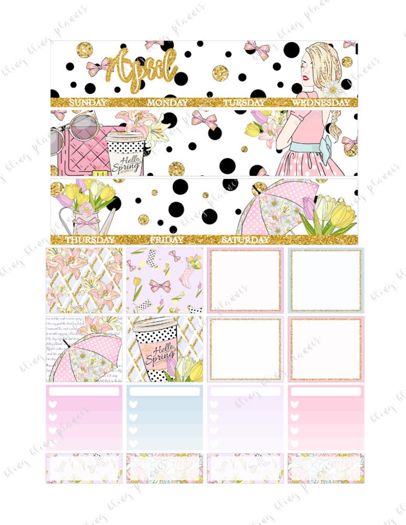 APRIL MONTHLY VIEW, April Monthly Kit, Easter Printable Stickers, Spring girl Printable, Monthly planner stickers, for Erin Condren, floral image 2