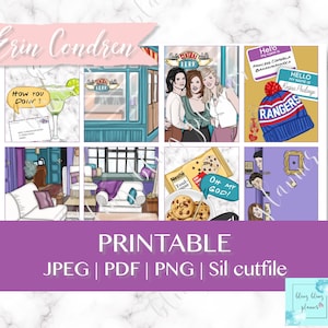May include: A printable set of stickers featuring characters and scenes from the popular TV show "Friends". The stickers include images of the main characters, the iconic Central Perk coffee shop, and other recognizable elements from the show. The stickers are designed for use in planners, journals, and other creative projects.