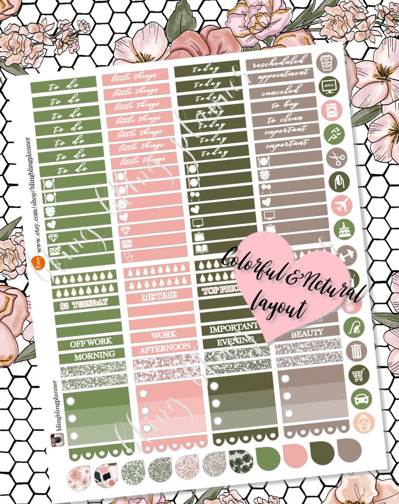 Puede incluir: Un conjunto de pegatinas para planificador con un tema floral. Las pegatinas son en tonos de verde, rosa y marr&oacute;n. Las pegatinas incluyen varias frases como "por hacer", "peque&ntilde;as cosas", "hoy", "cita reprogramada", "cancelada", "para comprar", "para limpiar", "importante" e "importante". Las pegatinas tambi&eacute;n incluyen varios iconos como una taza de caf&eacute;, un globo terr&aacute;queo, un carrito de compras, un coche, unas tijeras, un avi&oacute;n, un pastel y una mancuerna.