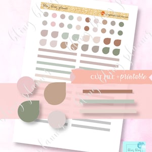 Puede incluir: Pegatinas imprimibles para planificador con una variedad de formas y tamaños en colores neutros como beige, marrón y verde. Las pegatinas incluyen círculos, lágrimas y líneas. El texto "CUT FILE + printable" es visible en la página.